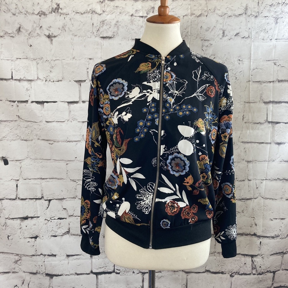 West Kei Jacket Womens Small Black Floral Multicolor Bomber Lightweight